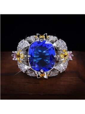 925 Sterling Silver Blue Topaz Pink Yellow and White Zirconia Embellished Ring🆕